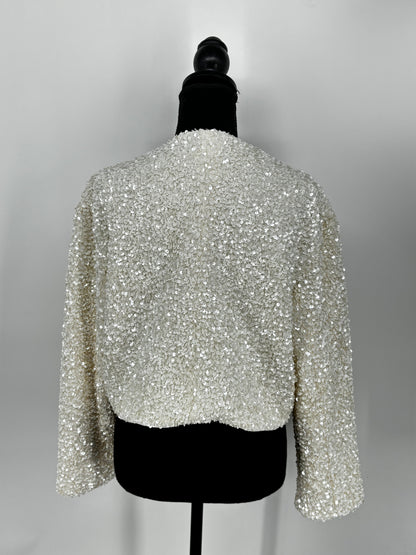 Women’s White Sequin Jacket with Black Bow – Size L