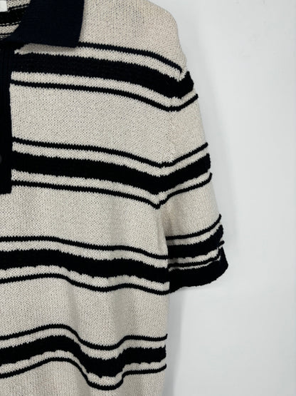 Men’s Black and White Striped Polo Shirt – Size M, Relaxed Fit