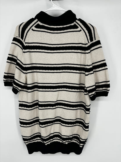 Men’s Black and White Striped Polo Shirt – Size M, Relaxed Fit