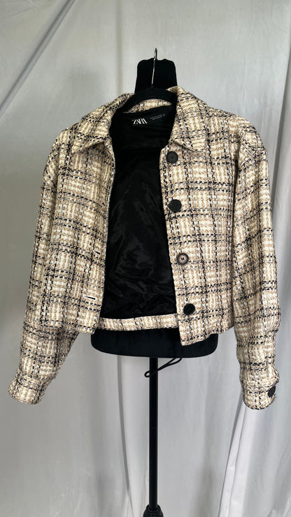 ZARA Jackets for Women Women's Jacket Plaid Tweed Drop Shoulder Flap Detail Overcoat Jackets  Size Ss