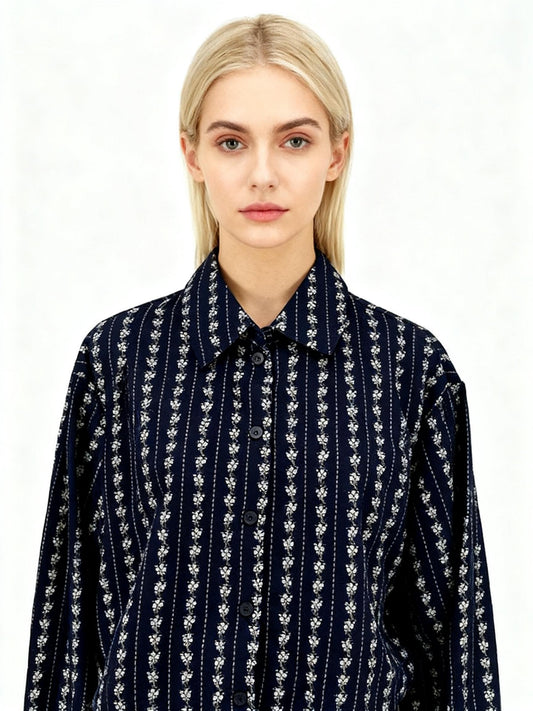 Women's Dark Blue Floral Print Cropped Shirt – Size M