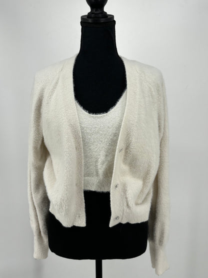 Women's White Fuzzy Knit Set with Camisole and Cardigan – Size M
