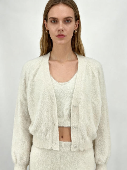 Women's White Fuzzy Knit Set with Camisole and Cardigan – Size M