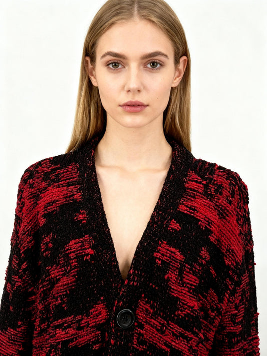 ZARA Women's Black and Red Long Button-Up Cardigan – Size L