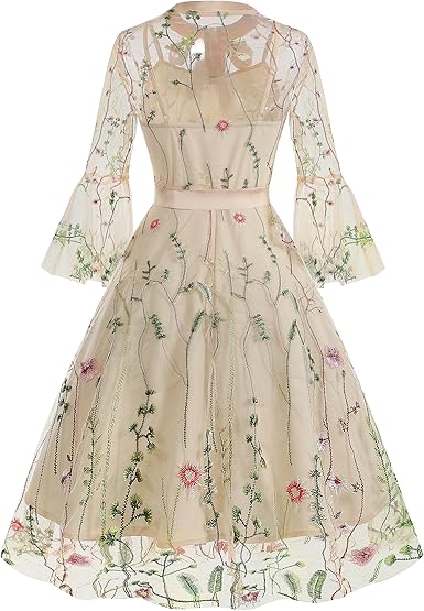 IWEMEK Women Mesh Floral Embroidery Vintage Cocktail Swing Dress Illusion 50s Goth Flared A line Casual Wedding Prom Evening Dress Size No