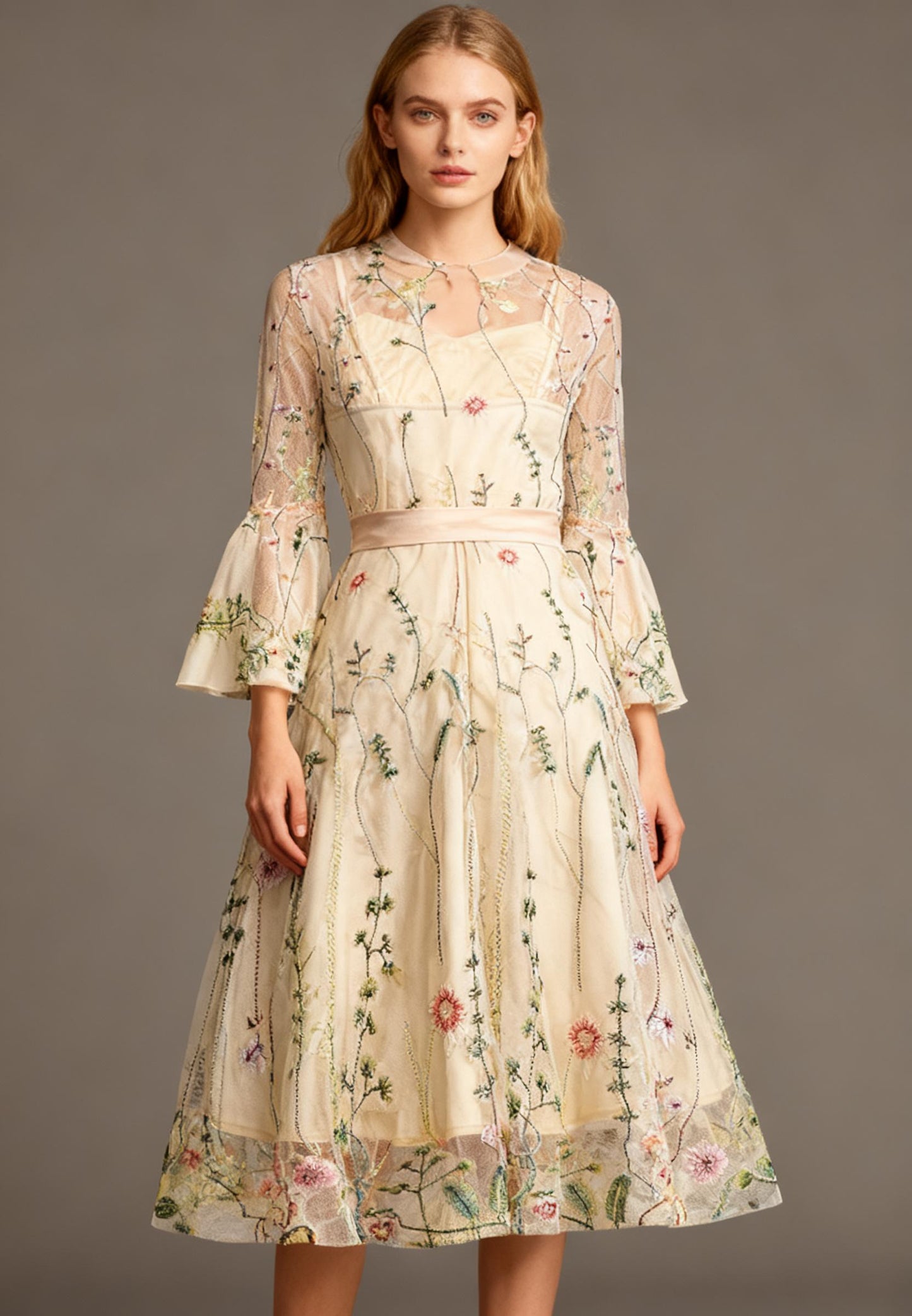 IWEMEK Women Mesh Floral Embroidery Vintage Cocktail Swing Dress Illusion 50s Goth Flared A line Casual Wedding Prom Evening Dress Size No