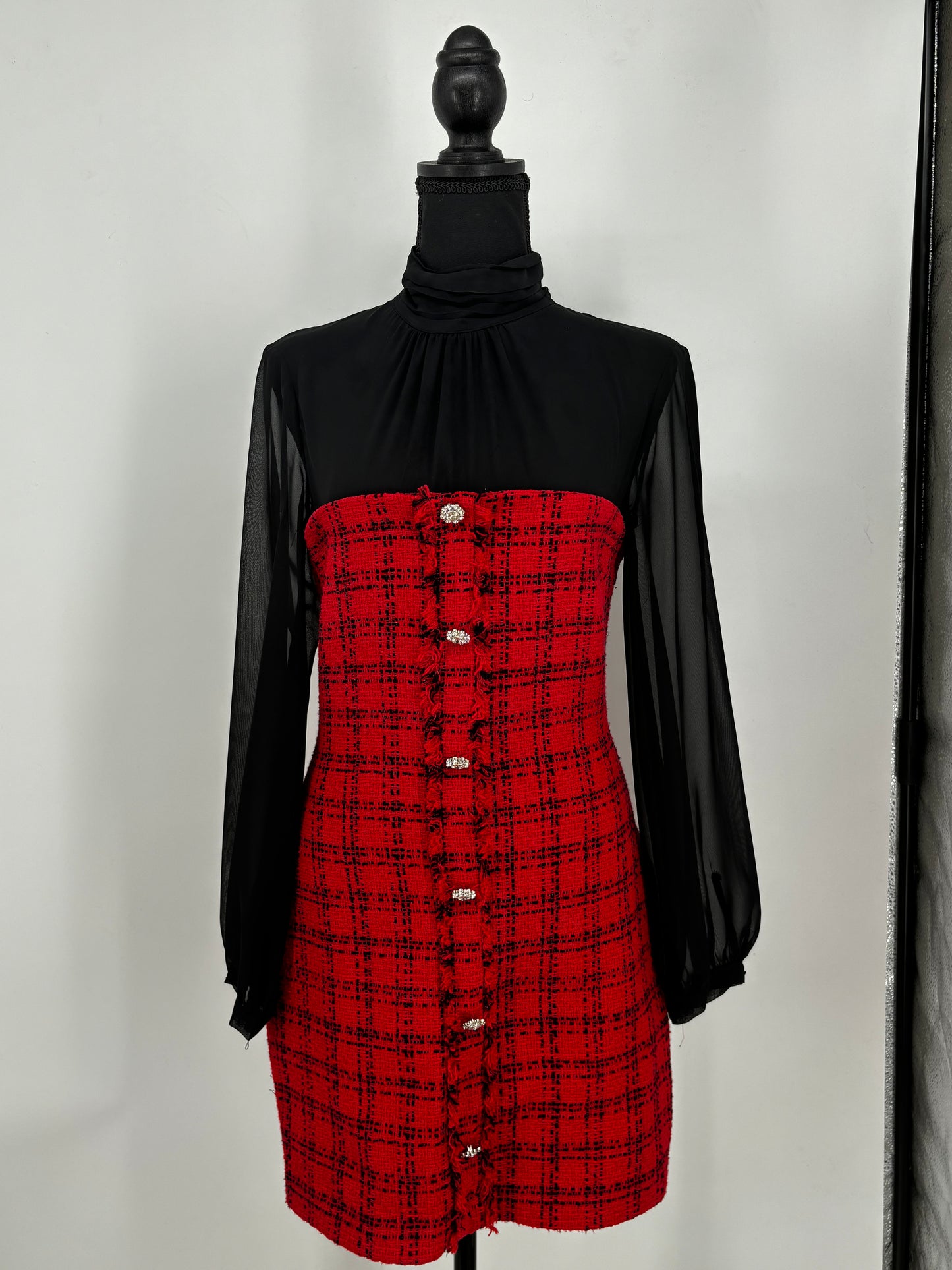 Women's Red Dress Black Sheer Sleeves – Size S