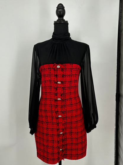 Women's Red Dress Black Sheer Sleeves – Size S