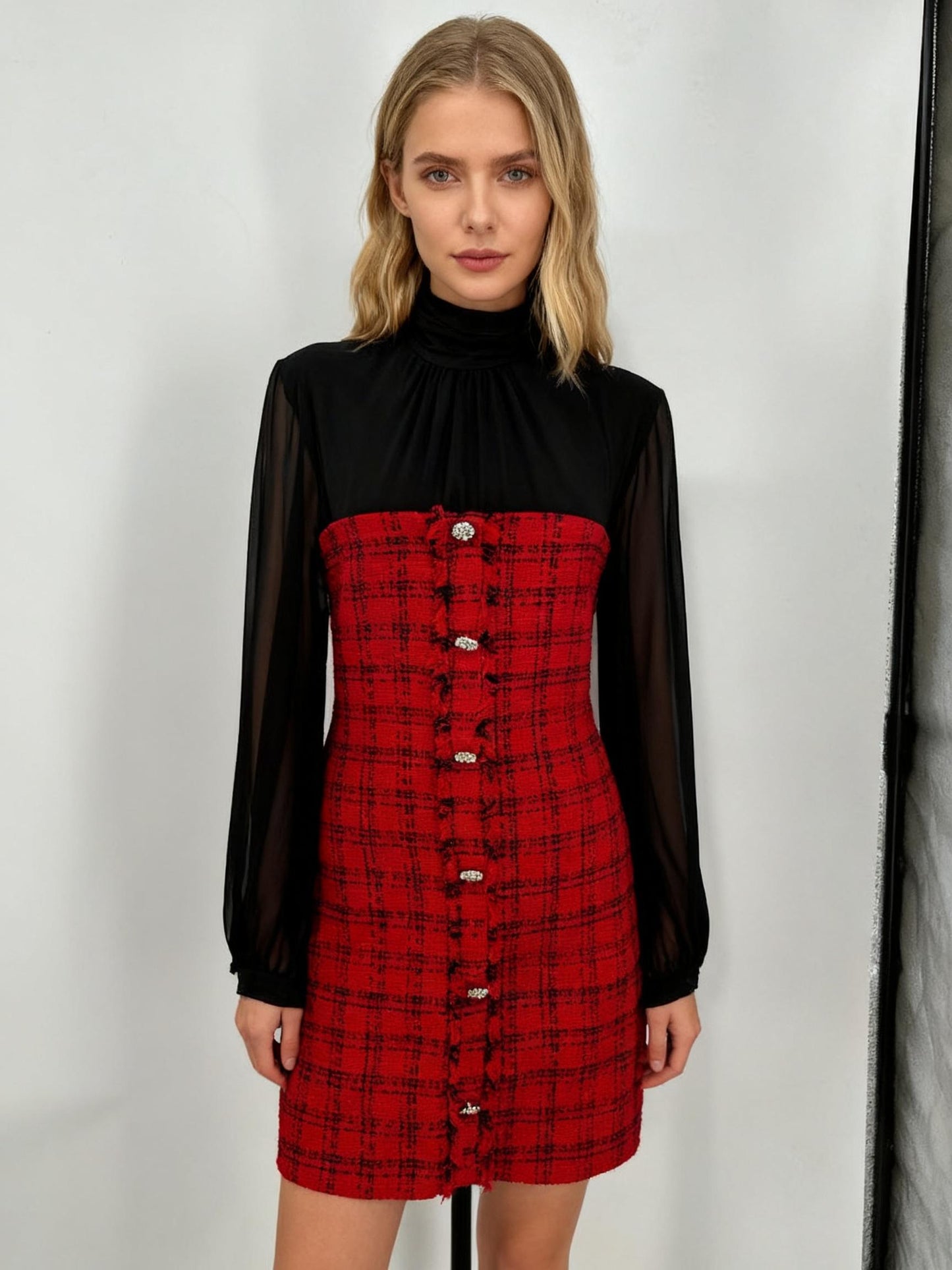 Women's Red Dress Black Sheer Sleeves – Size S