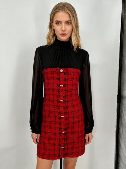 Women's Red Dress Black Sheer Sleeves – Size S