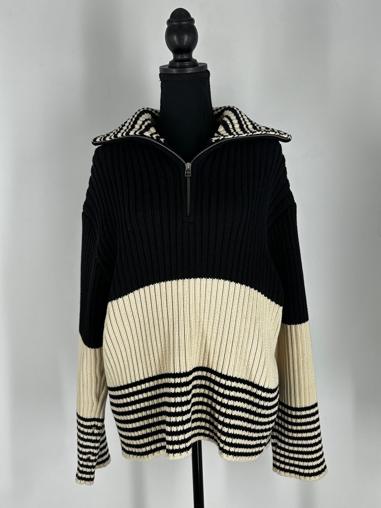 Women's Black Knitted Striped Pullover Sweater – Size S-M