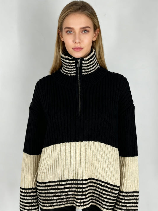 Women's Black Knitted Striped Pullover Sweater – Size S-M