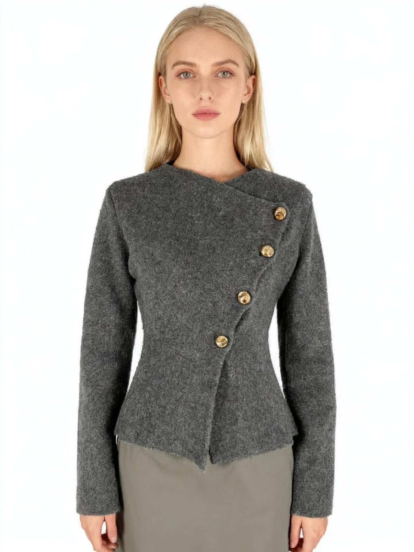 ZARA Women’s Gray Fitted Short Coat with Buttons – Size S