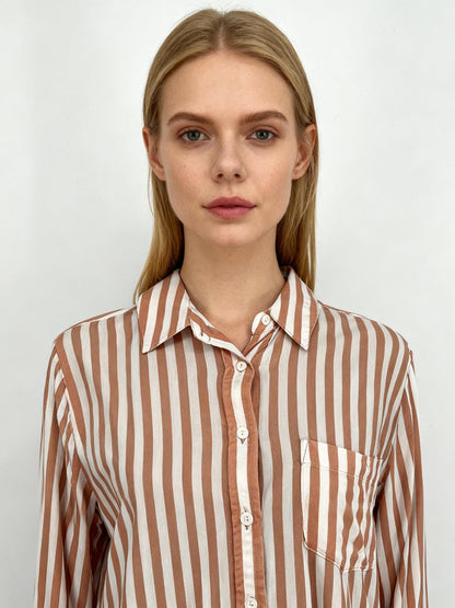 Women's Red and White Vertical Stripe Long Shirt – Size M