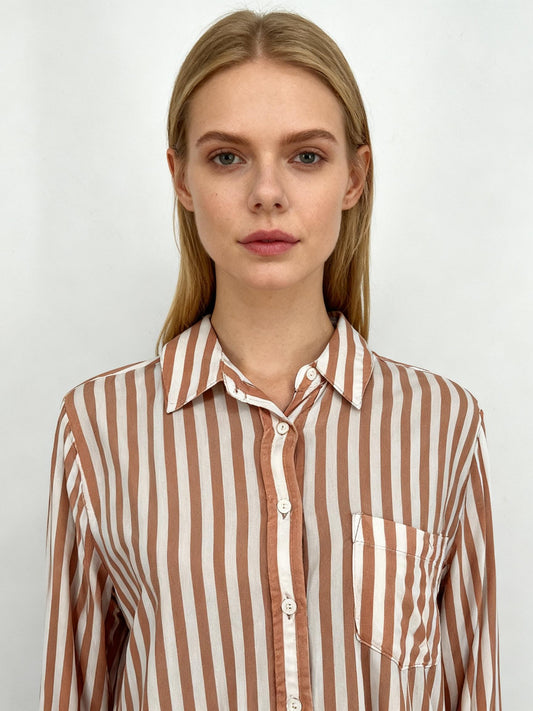 Women's Red and White Vertical Stripe Long Shirt – Size M