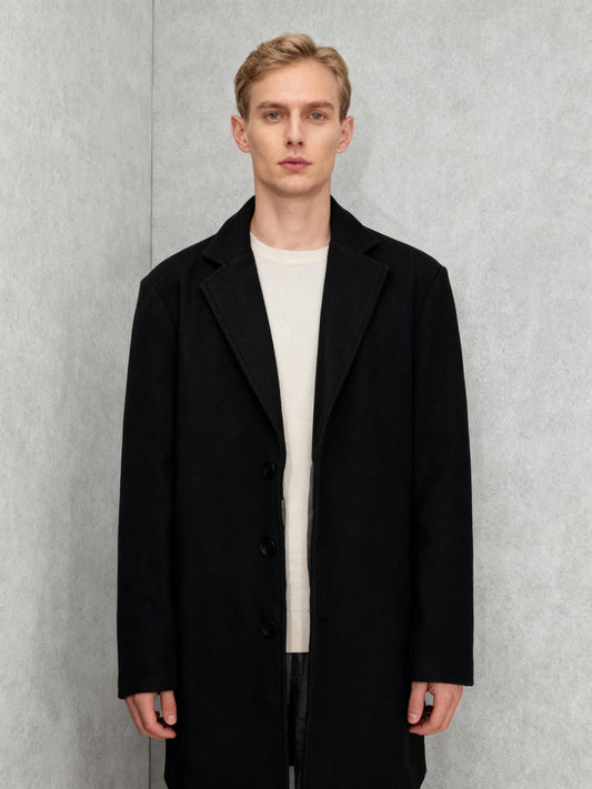 Men’s Black Mid-Length Overcoat – Size L