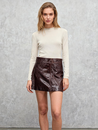 Women’s Brown Distressed Faux Leather Mini Skirt – Estimated Size S–M