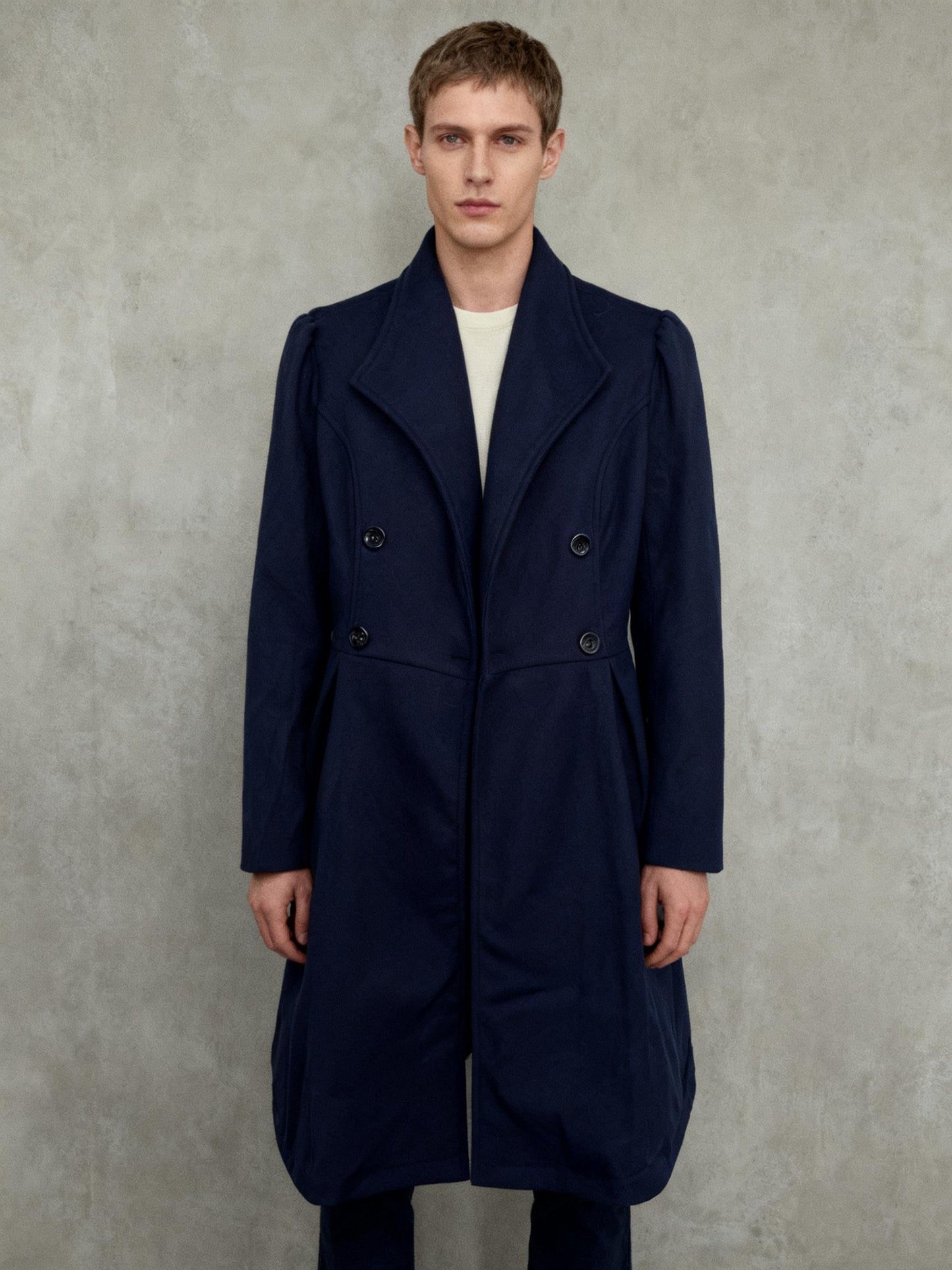 Men’s Navy Blue Double-Breasted Long Coat – Size M
