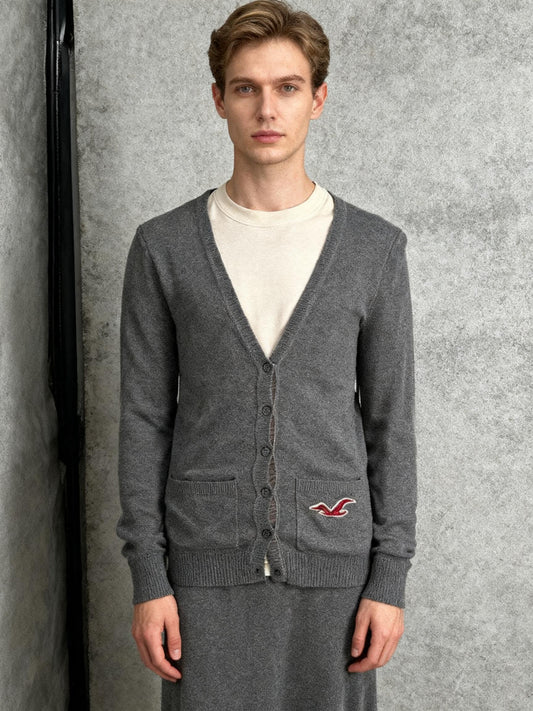 Men’s Gray V-Neck Cardigan Sweater – Size M