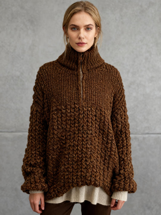 Women’s Brown Zip-Up Knit Cardigan with Lapel size xl