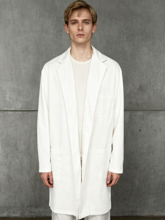 Men’s White Long Cargo-Style Coat – size L