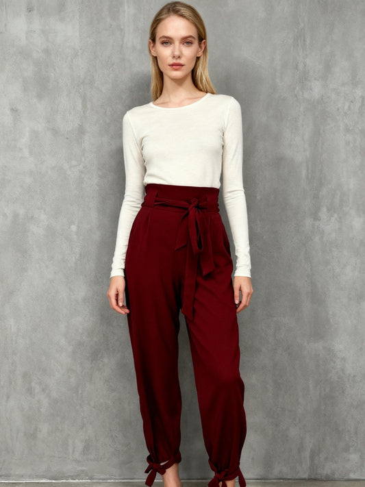 Women’s Deep Red High-Waisted Wide-Leg Pants with Belt – Size S