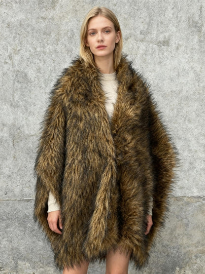 Women’s Brown and Black Long Faux Fur Coat – Size no