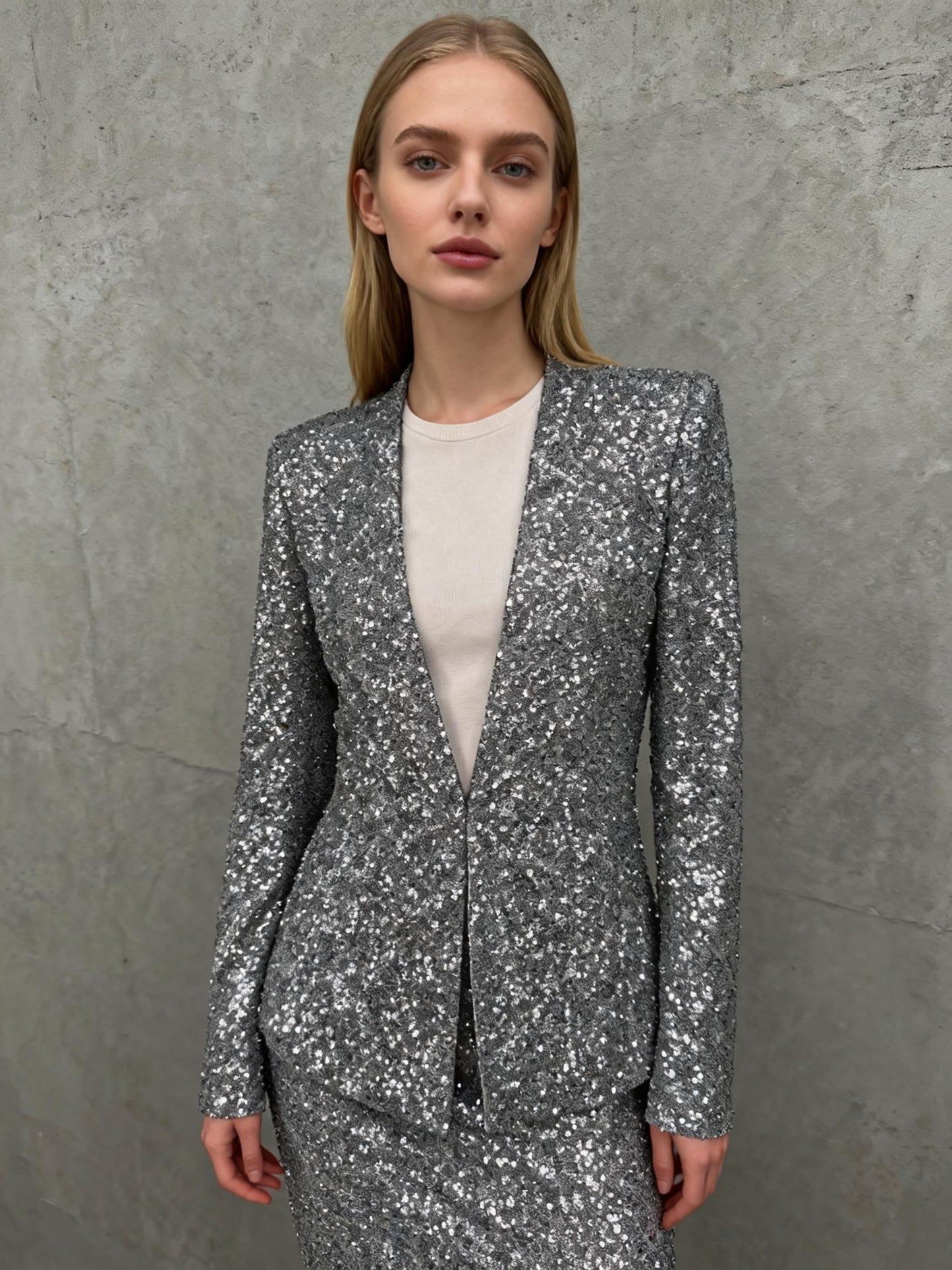 Zara Women’s Silver Sequin V-Neck Blazer size s