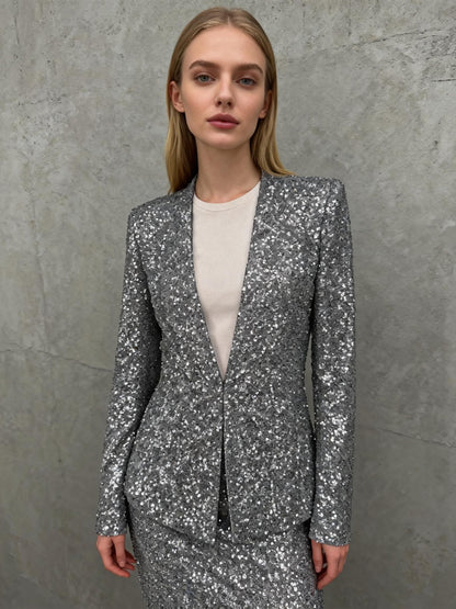 Zara Women’s Silver Sequin V-Neck Blazer size s