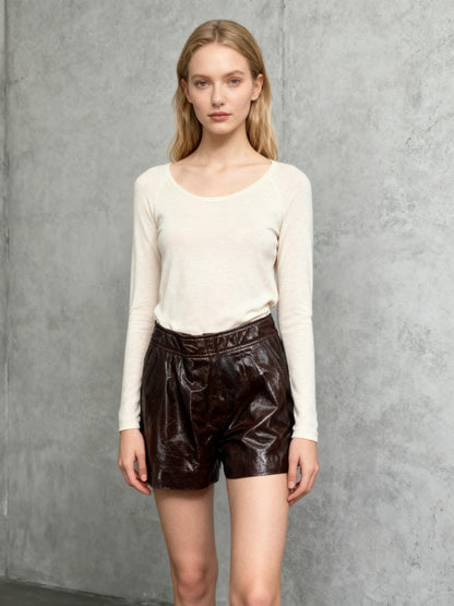 Women's Glossy Brown Leather Mini Skirt – Size S