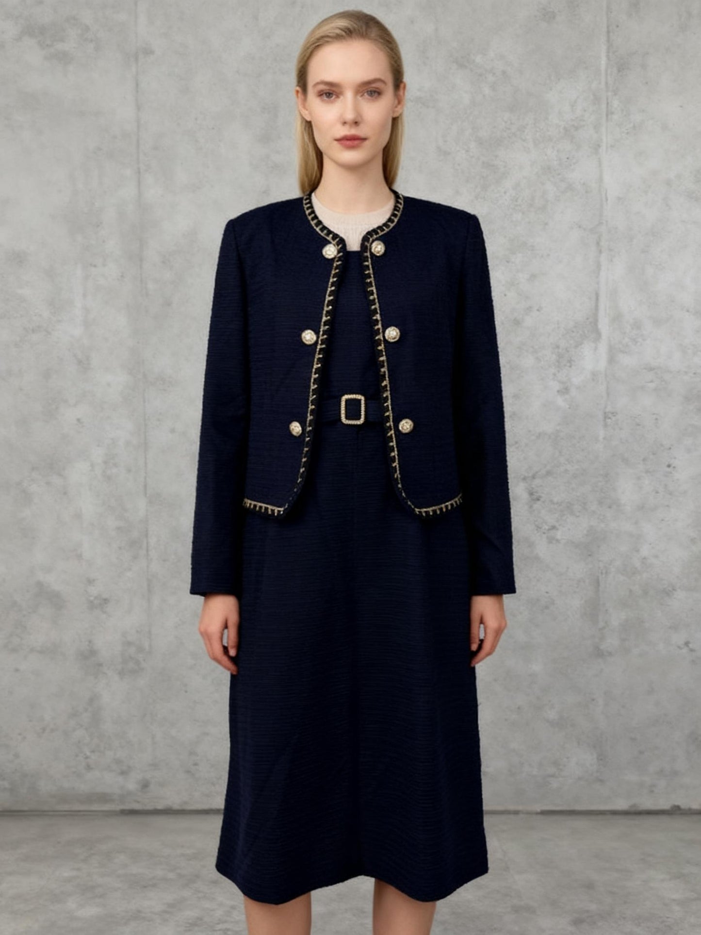 Women's Linen Dress Set – Dark Blue, Size 3XL