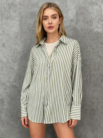 ZARA Women's Green Vertical Stripe Shirt – Size S