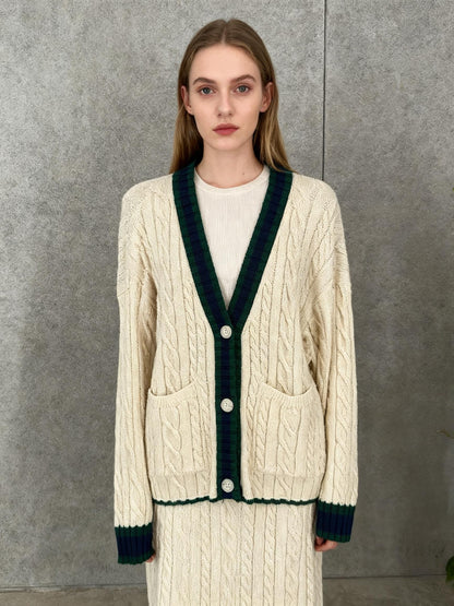 ZARA Women's Knit Cardigan – Cream & Dark Green, Size S