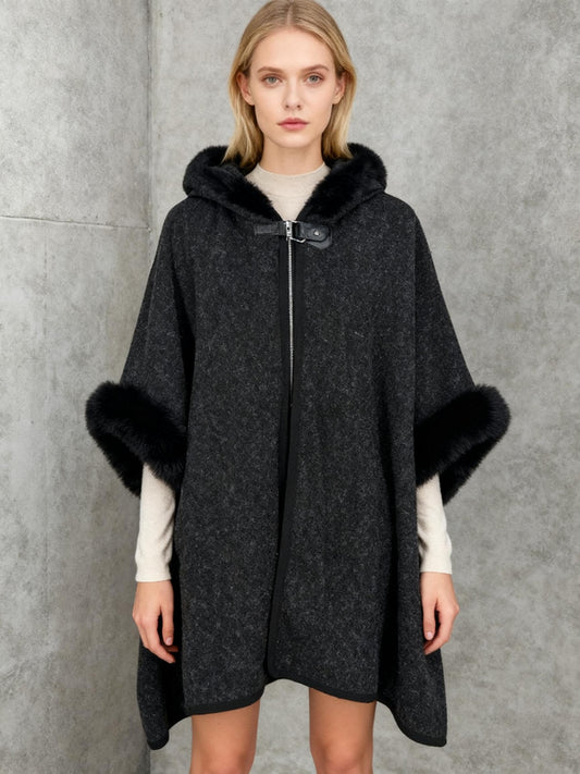 Women's Black Faux Fur Collar Shawl