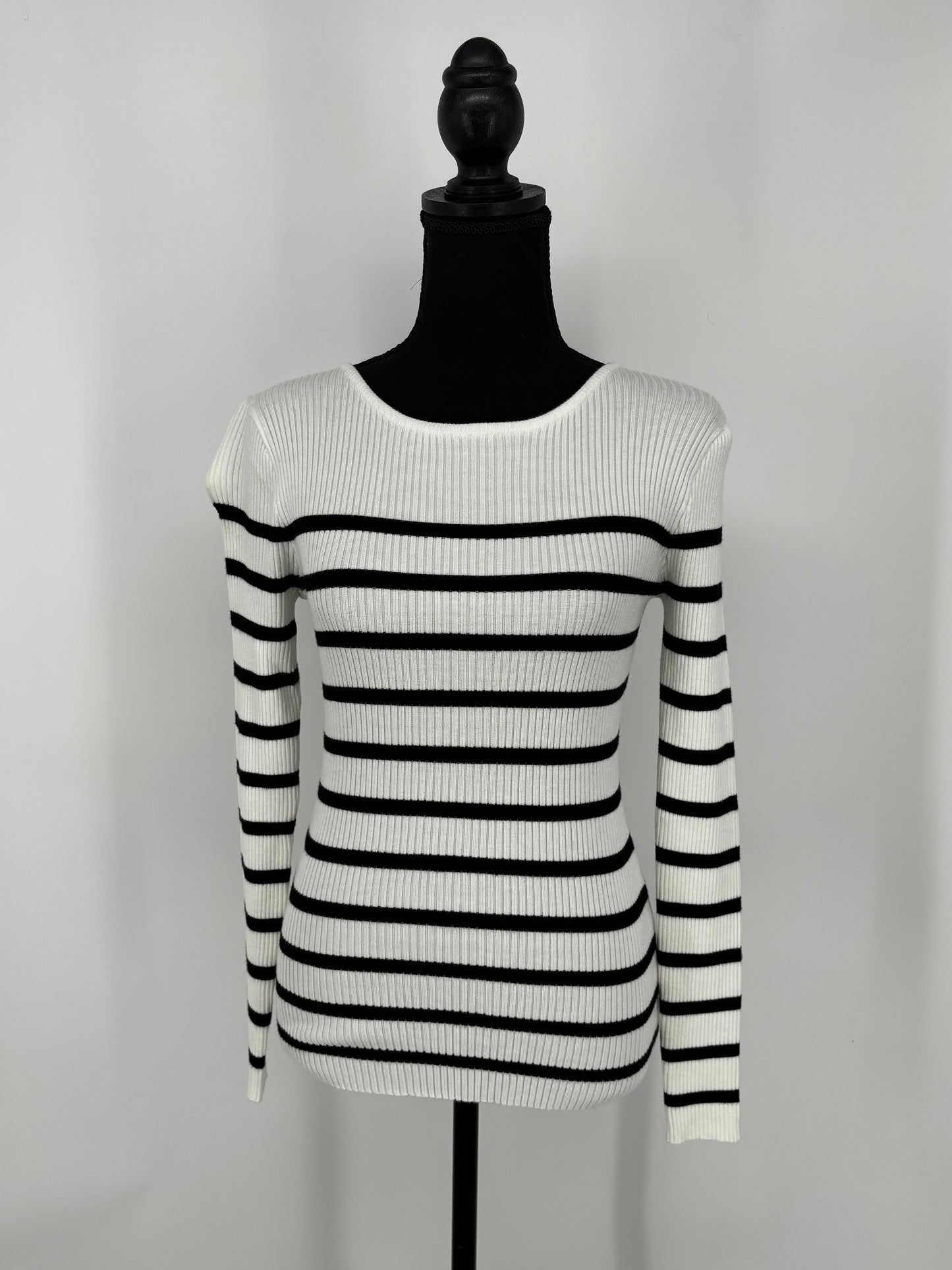 Women's Black and White Striped Long Sleeve Top – Size S
