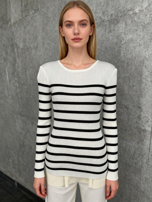 Women's Black and White Striped Long Sleeve Top – Size S
