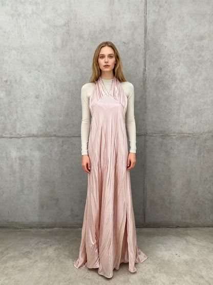 Women's Light Pink Tie-Waist Silk Fitted Dress – Size XS