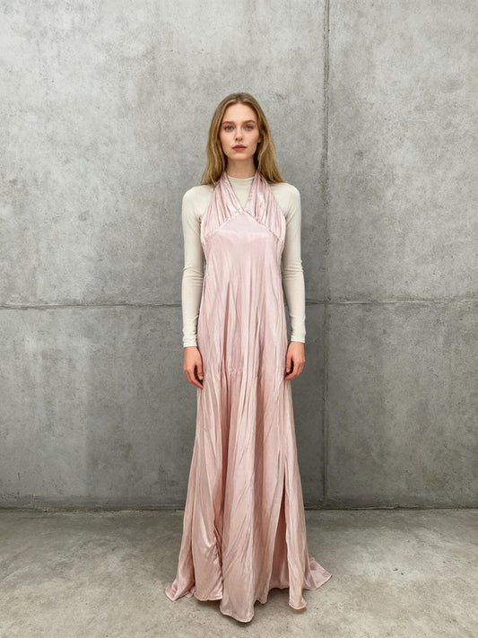 Women's Light Pink Tie-Waist Silk Fitted Dress – Size XS