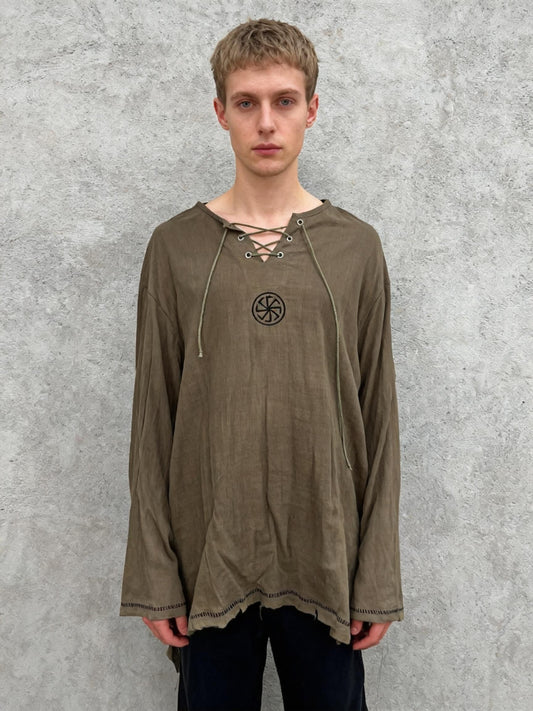 Dark Green Linen Long Sleeve Dress – Size M