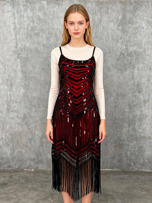 Women's Red Cami Top with Black Sequin Fringe Skirt – Size S