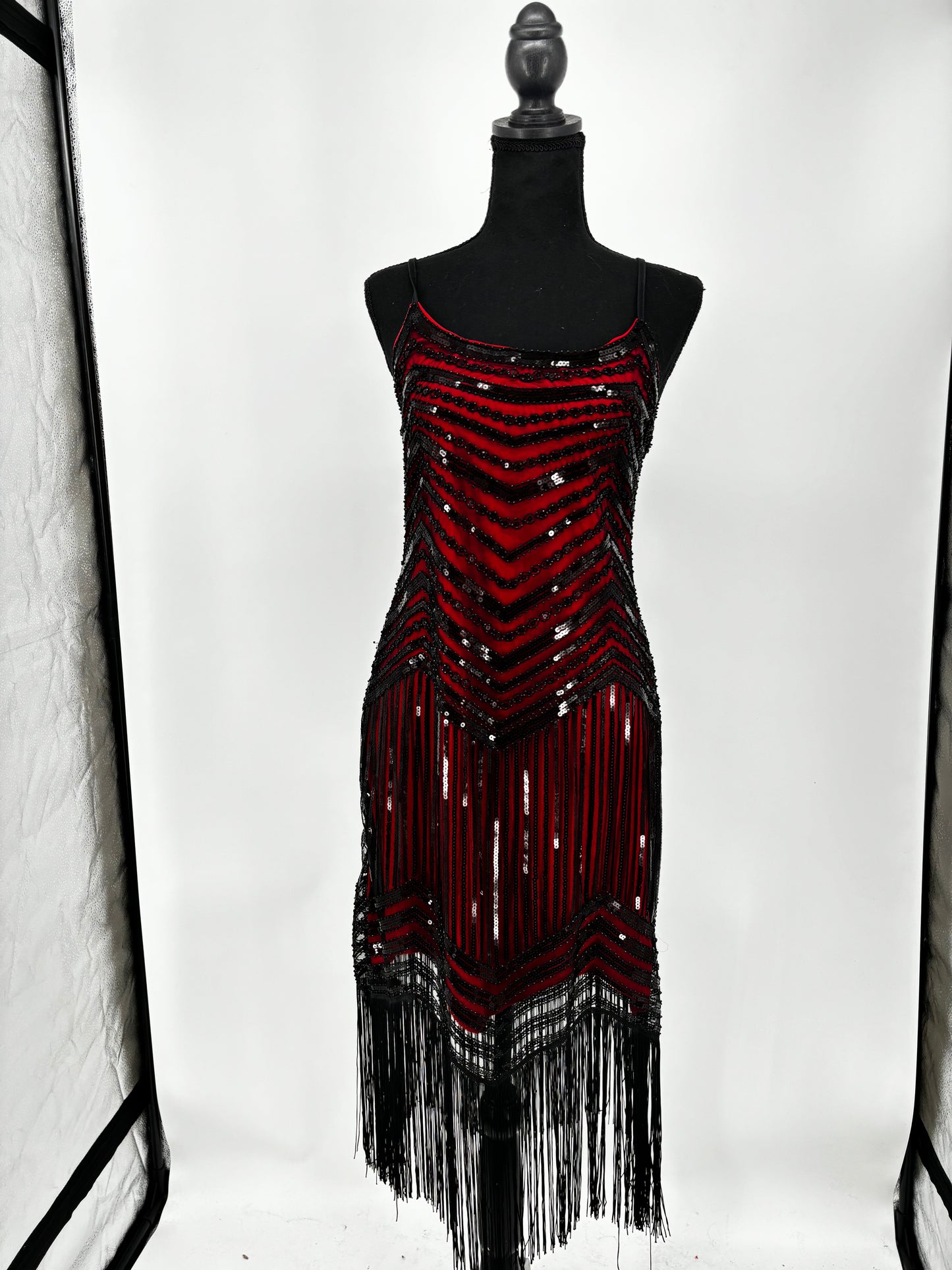 Women's Red Cami Top with Black Sequin Fringe Skirt – Size M