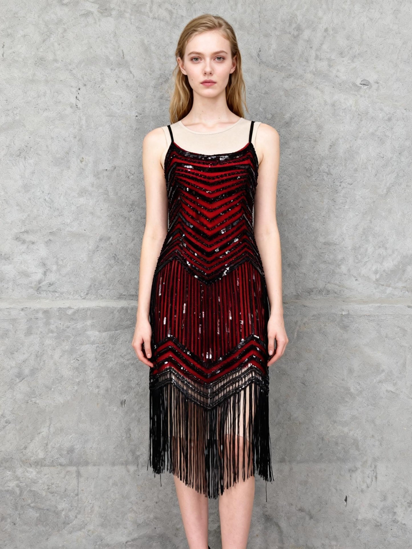 Women's Red Cami Top with Black Sequin Fringe Skirt – Size M