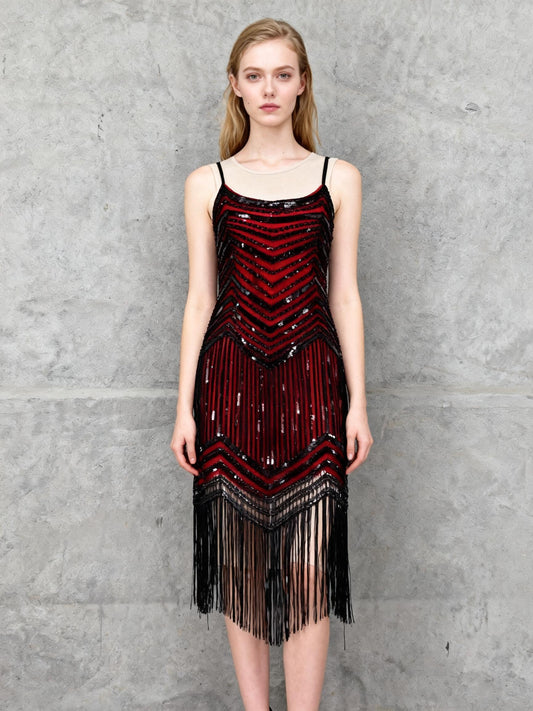 Women's Red Cami Top with Black Sequin Fringe Skirt – Size M