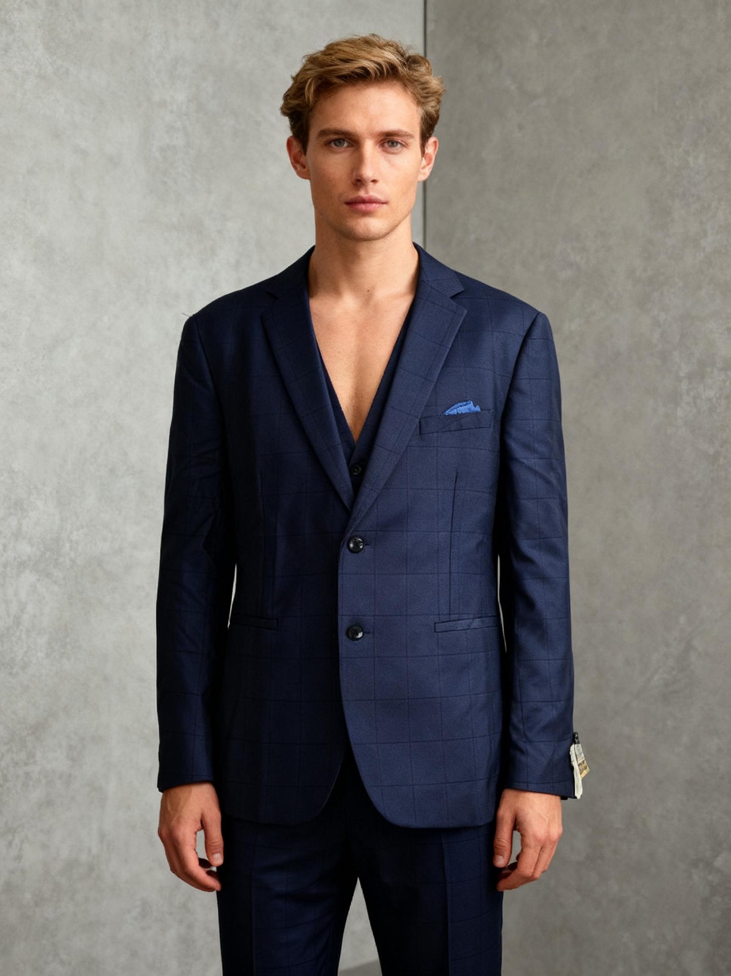 Men’s Blue Checkered Textured Blazer – Size L