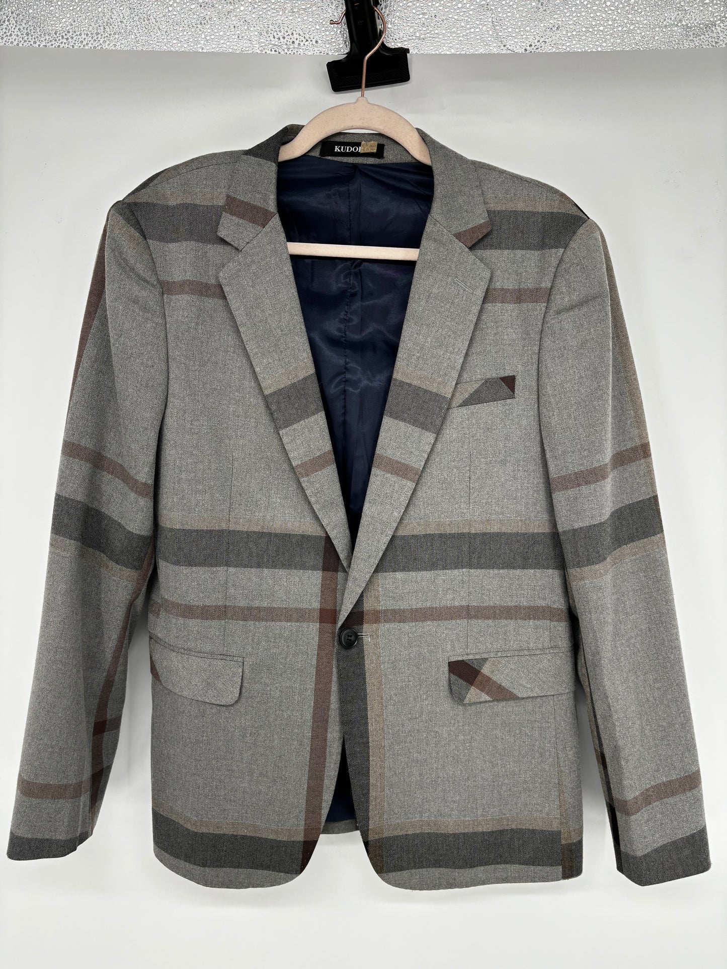 Men’s Gray Plaid Blazer – Size S