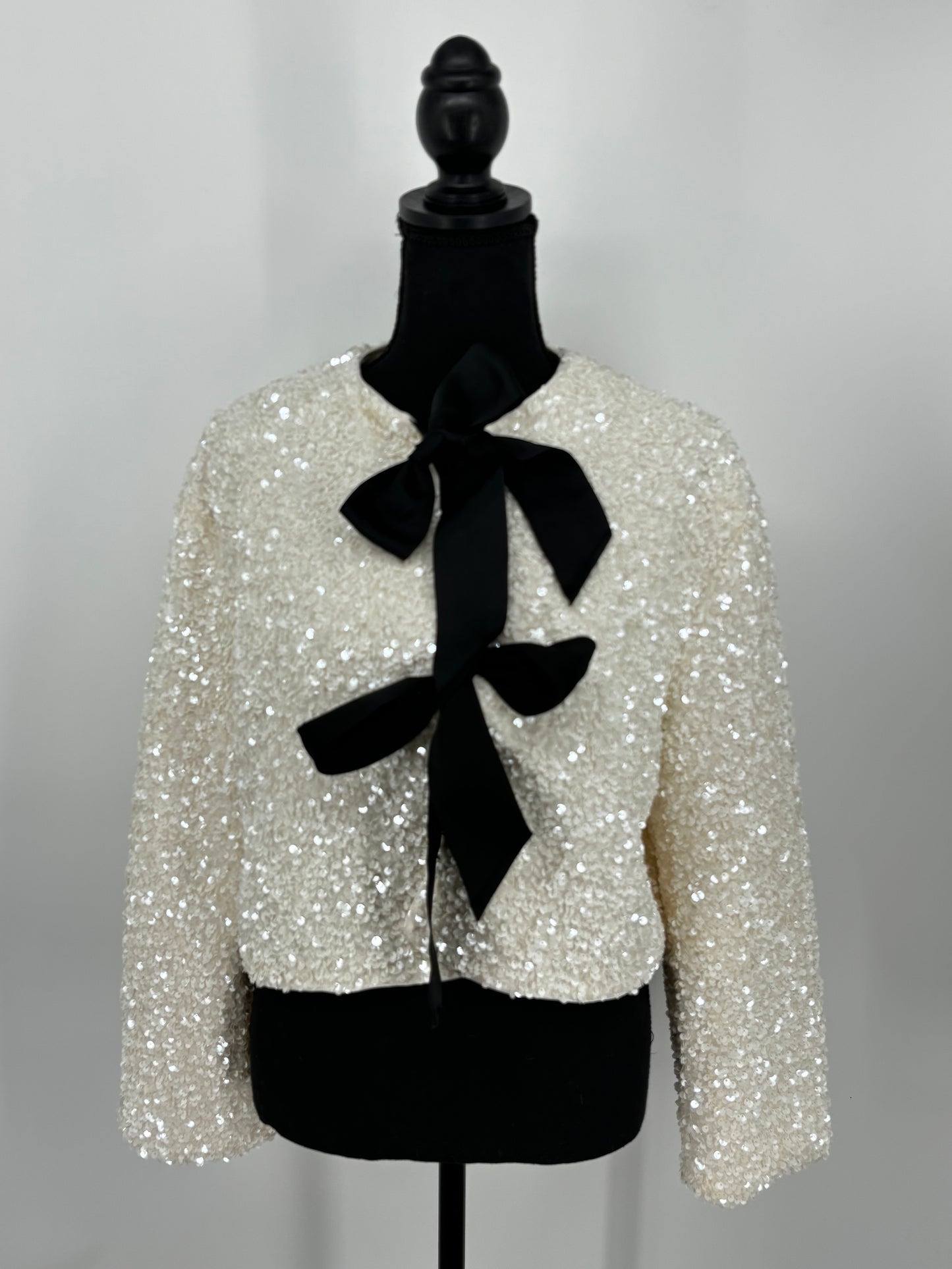 Women’s White Sequin Jacket with Black Bow – Size L