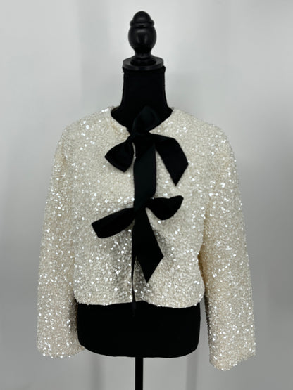 Women’s White Sequin Jacket with Black Bow – Size L