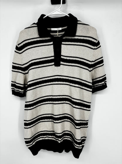 Men’s Black and White Striped Polo Shirt – Size M, Relaxed Fit