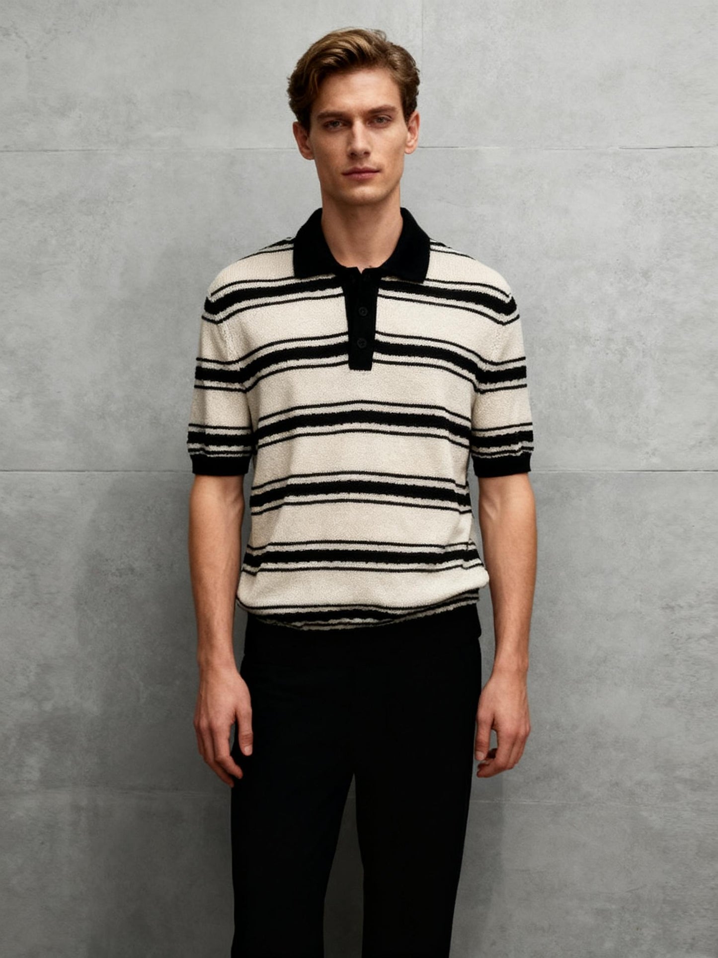 Men’s Black and White Striped Polo Shirt – Size M, Relaxed Fit