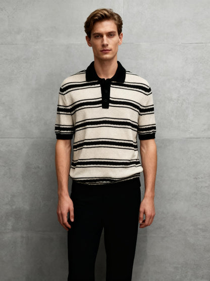 Men’s Black and White Striped Polo Shirt – Size M, Relaxed Fit